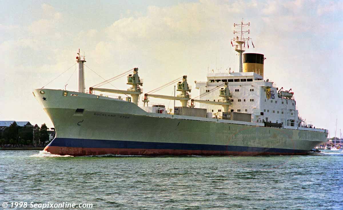 AUCKLAND STAR (1985/10291grt/IMO 8316003, ex-HORNCLIFF. Renamed AUCKLAND in 2011) outbound from Portsmouth, England bound for the West Indies. Scrapped 2011 1998. Photo by SeapixOnline.com
